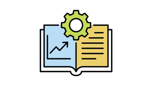 Educational open book icon featuring a green gear and upward trending growth chart flat design