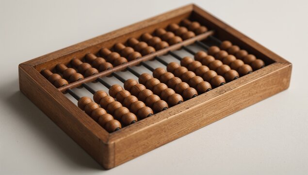 Wooden abacus with brown beads on white background, traditional Chinese counting tool for mathematics, accounting and business calculation concept, retro finance and education object close-up