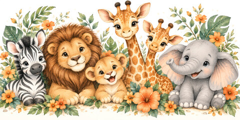 Fototapeta premium Cute Safari Animal Family Watercolor Illustration for Nursery Decor