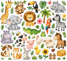 Fototapeta premium Cute Safari and Farm Animals Watercolor Sticker Set for Kids