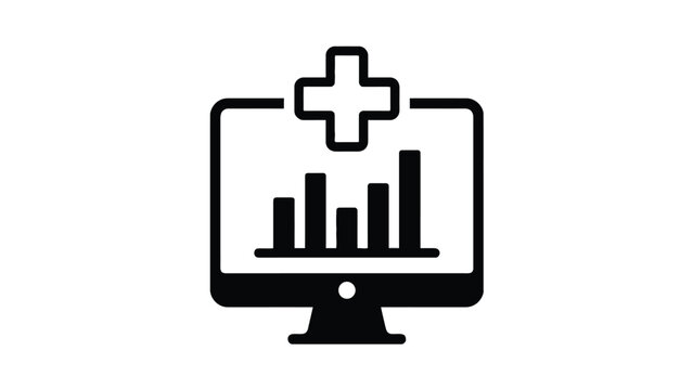 Minimalist vector illustration featuring computer screen displaying health care statistical bar graph data for modern medical technology and clinic reports