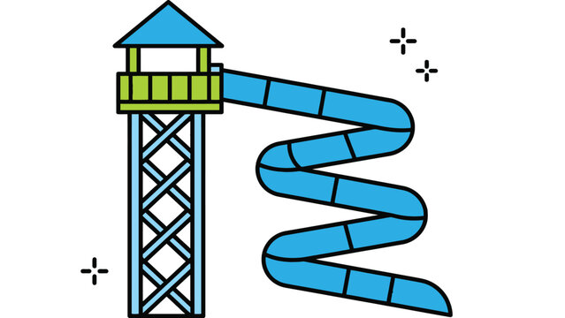Blue water slide attached to tall tower structure featuring vibrant colors and clean modern flat design