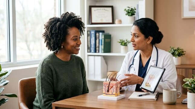 Doctor explains hair follicle anatomy to patient during medical consultation in office