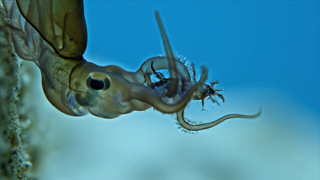 Mesmerizing Macro Shot of a Baby Cuttlefish Capturing Prey