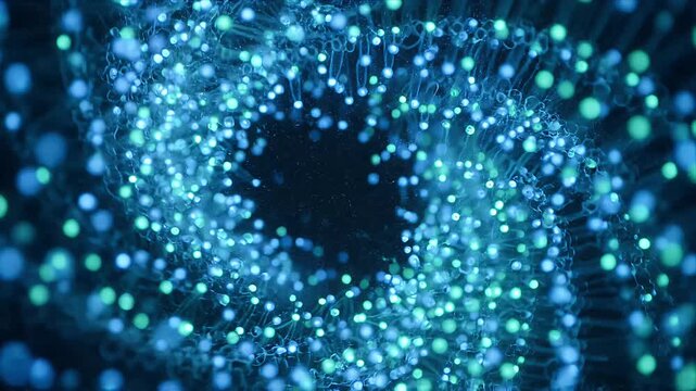 Digital Vortex of Glowing Blue and Green Particles