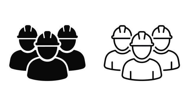 Construction worker team icon set displayed as solid black silhouettes and clean linear outlines for professional industrial engineering graphic designs