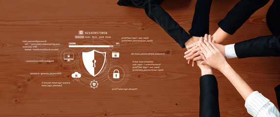 A diverse team collaborates on cybersecurity strategies, combining hands in unity while digital security icons emphasize the importance of protection and data safety. Trope © InfiniteFlow