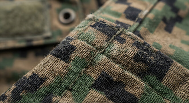 Close-up of a digital camouflage fabric texture with stitching