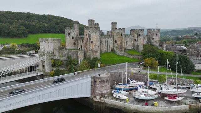 Conwy Castle over River Convy from a drone, Convy, North Wales, England, United Kingdom