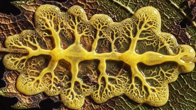 Vibrant Yellow Slime Mold Spreading on a Decaying Leaf