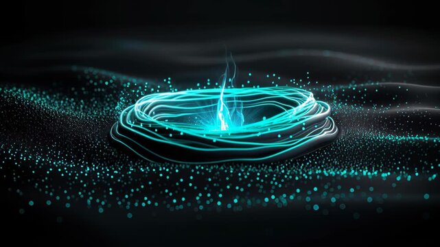 Cybernetic Nexus: A luminous teal energy vortex pulses amidst a dark, textured landscape, suggesting a gateway to advanced technology or digital realms.