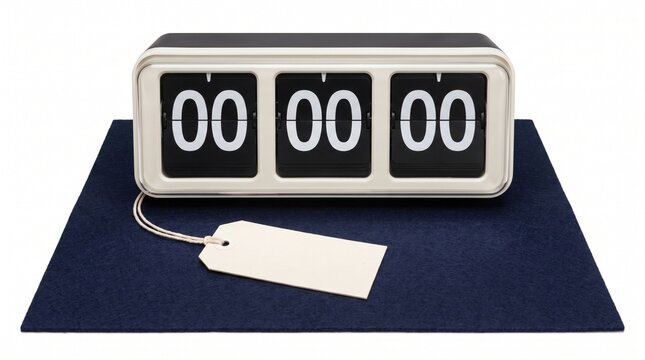 Retro flip clock showing zero time on a dark blue mat with a blank price tag attached