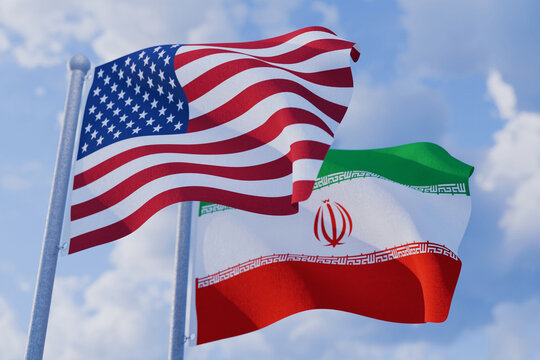 American and Iranian flags waving together against a blue sky, symbolizing US-Iran international relations, diplomatic negotiations, geopolitical tensions, sanctions, and foreign policy.
