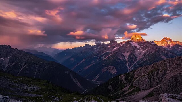Majestic Alpine Landscape at Golden Hour with Dramatic Sunset Clouds