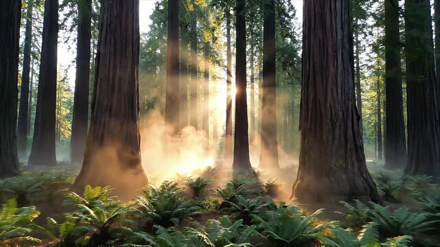 Golden Sunbeams Pierce Through Mist in an Ancient Redwood Forest