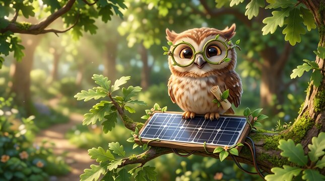 Owl with glasses on solar panel in forest