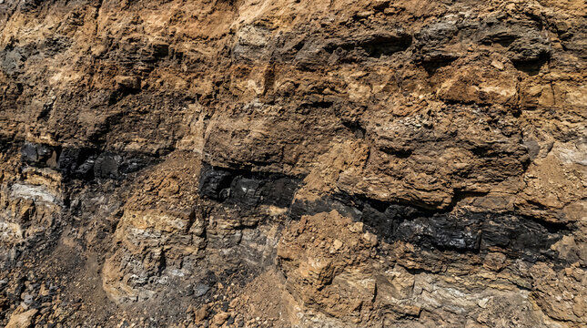Close-up of a textured rock surface showing layers of sediment and volcanic material in varied brown and black tones.