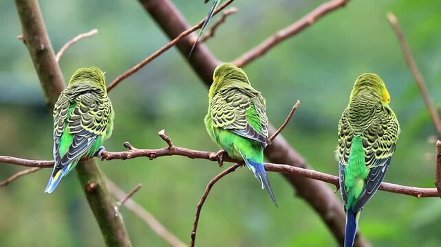 Budgerigar (Melopsittacus undulatus), adult, plumage care, three, waiting, branch, social behaviour, Australia