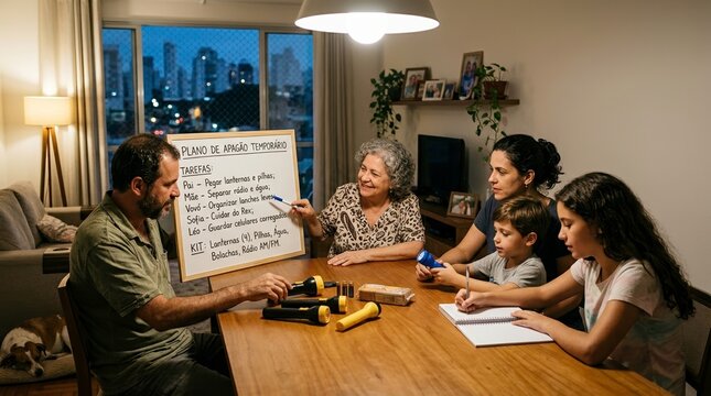 Family prepares for temporary power outage with a detailed plan and emergency kit