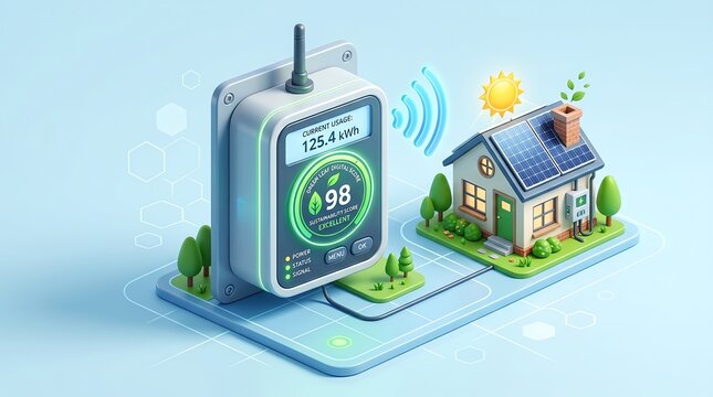 Smart energy meter and solar house on tablet