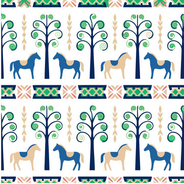 Stylized trees and horses seamless pattern