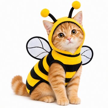 Cute Orange Cat Wearing Bee Costume on White Background