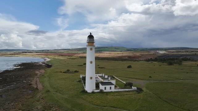 Barns Ness Lighthouse from a drone, Dunbar, East Lothian, Scotland, UK