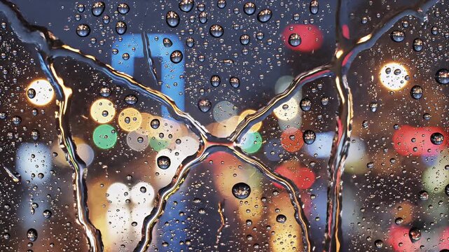 Colorful City Lights Blurred by Raindrops on a Window