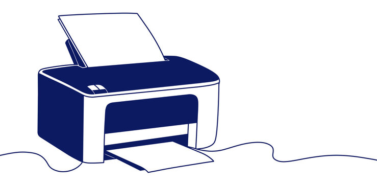 A flat line art illustration featuring a printer and paper, symbolizing office concepts and work related printing needs