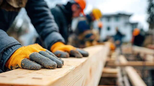A worker's gloved hands on a wooden beam, with an outdoors construction site in the background. Concept of construction of a frame house, teamwork
