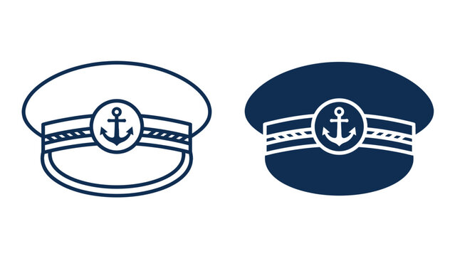 Navy blue captain hats featuring anchor emblems in both flat filled and simple outlined vector styles on white background area