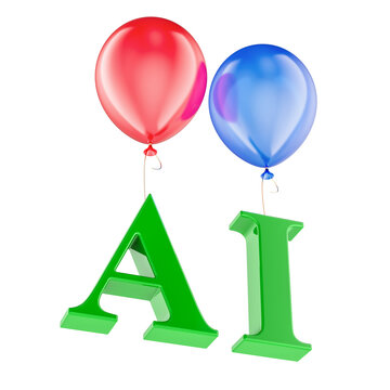 AI bubble concept with balloons and floating artificial intelligence letters. 3D rendering