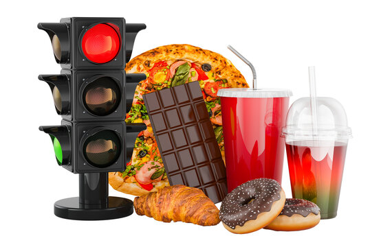 Traffic light and junk food selection concept with pizza, donuts and soft drinks. 3D rendering