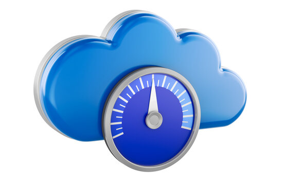 Cloud computing performance with speed gauge and blue cloud icon. 3D rendering