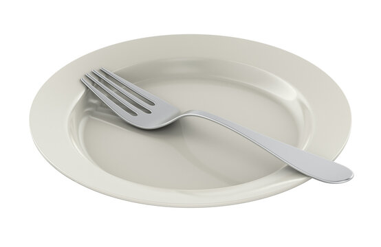 Empty plate with fork for fasting, hunger and calorie restriction concept. 3D rendering