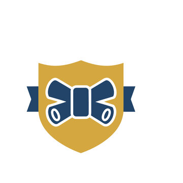 Bow tie on shield with ribbon icon