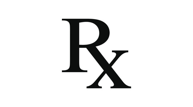 Professional medical rx symbol graphic design illustration displaying simple black font on plain white background for pharmacy and clinical branding