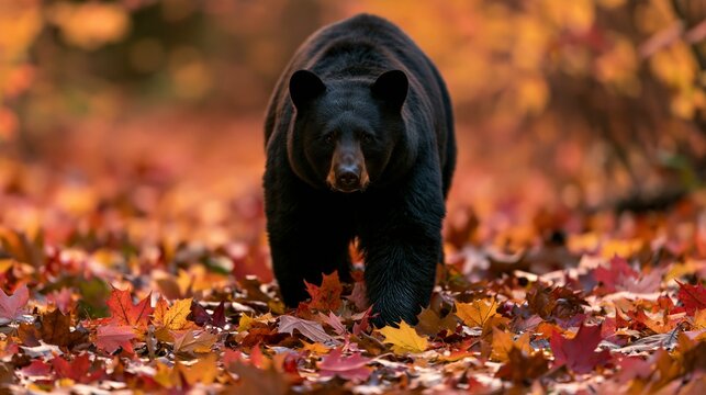a black bear in a forest during autumn. The bear is captured in a side profile, gazing directly at the camera. The forest floor is covered with fallen leaves in various shades of red, orange.