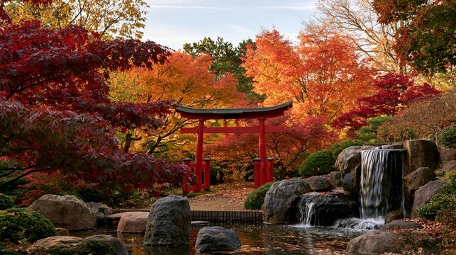 a serene Japanese garden during autumn. A traditional red torii gate stands prominently in the foreground, surrounded by a tranquil pond with cascading waterfalls.