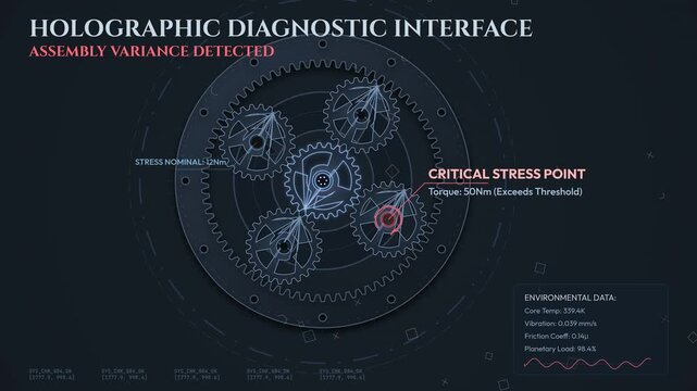 Holographic diagnostic interface analyzing mechanical gear assembly with futuristic HUD displaying critical stress point and environmental data
