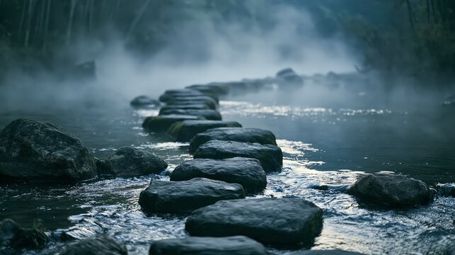 a serene river scene. A series of stepping stones traverses the river, their smooth, reflective surface reflecting the surrounding mist. The stones vary in size and shape.