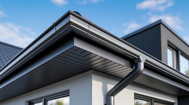 Modern dark gray seamless gutter system installed on a contemporary residential house exterior under a clear sky