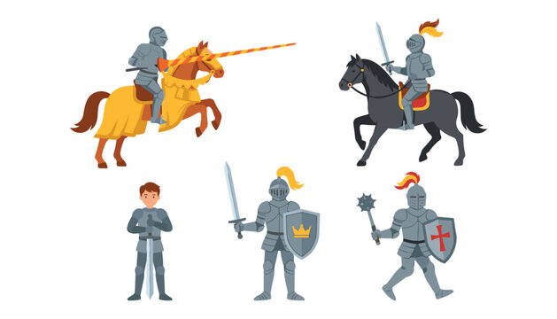 Medieval knight armor vector set with brave warriors holding swords shields maces and riding horses on white background