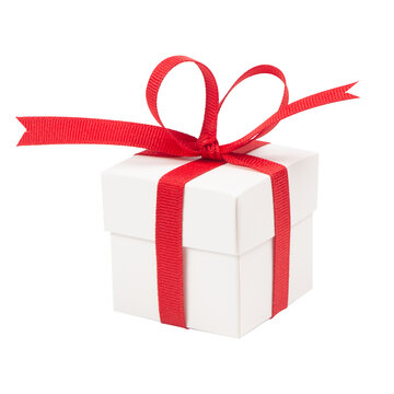 Small white present box wrapped with a red ribbon and bow, isolated transparent background. Perfect for Christmas, birthdays, Valentine's Day, or holiday gift design.