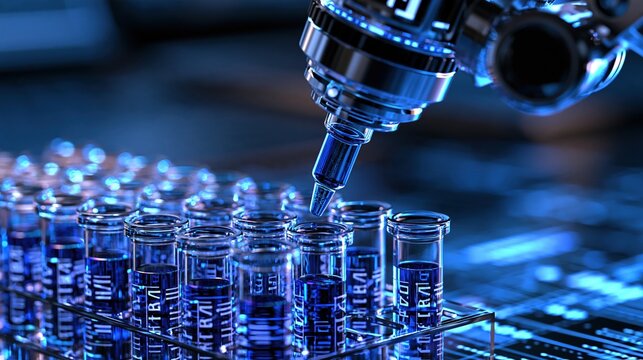 Advanced robotic arm precisely dispensing blue liquid into scientific laboratory test tubes for research and development