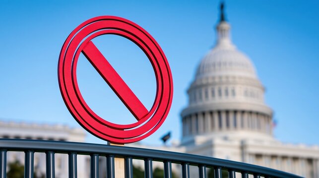 Red Prohibition Symbol on Fence with Government Building in Background