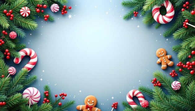 Festive candy cane and gingerbread holiday background with pine branches