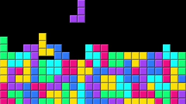 Colorful retro brick game blocks falling on a black background