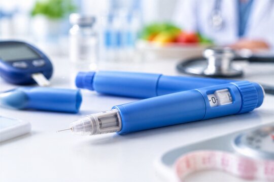 Semaglutide GLP-1 injection pens for diabetes and obesity treatment. Medical auto-injectors for weight management and blood sugar control therapy.