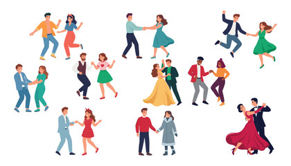 Fototapeta premium Happy dancing couples vector cartoon character set practicing different styles of ballroom dance isolated on white background.